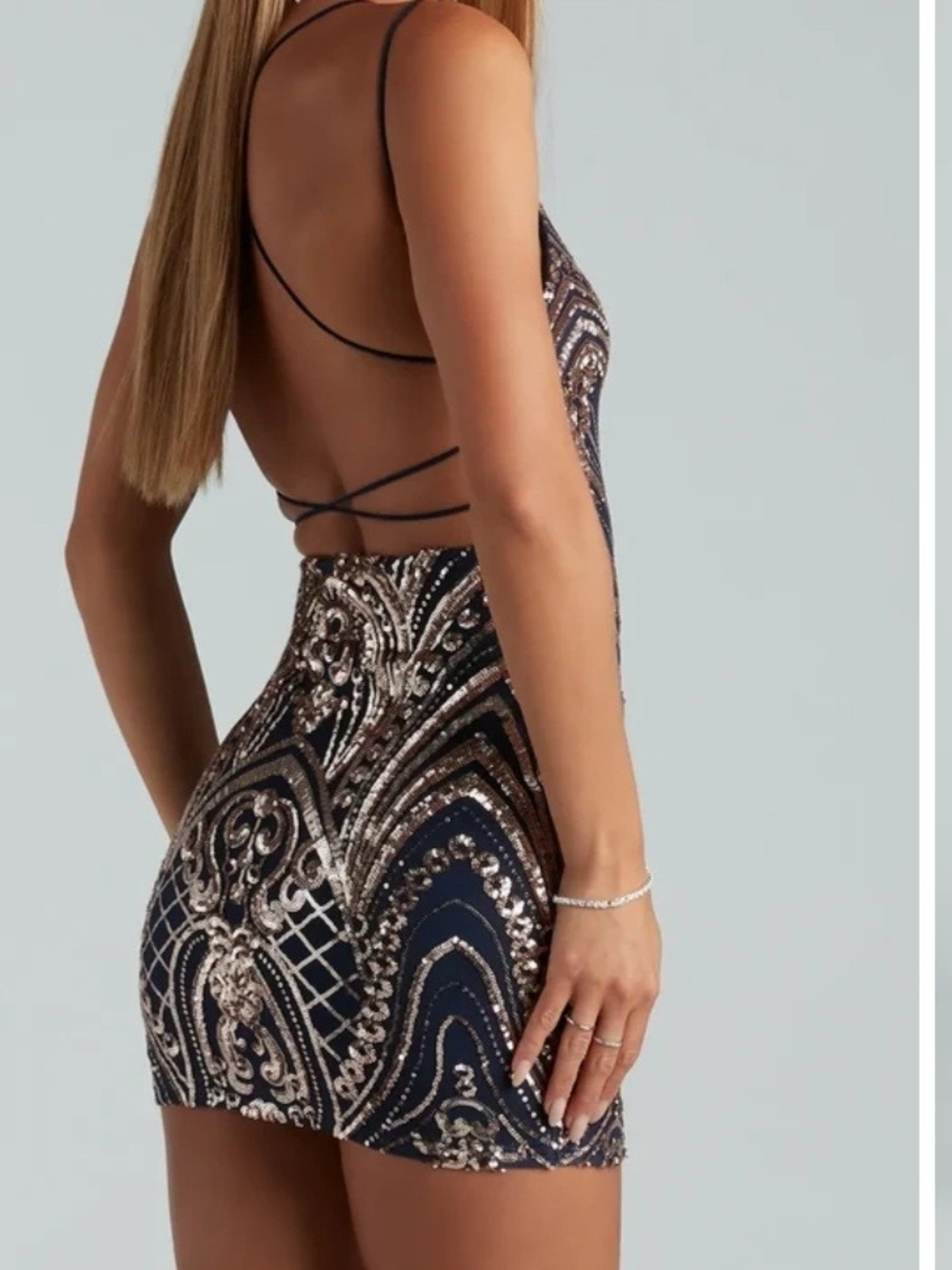 Windsor Navy and Gold Sequin Backless Mini Dress